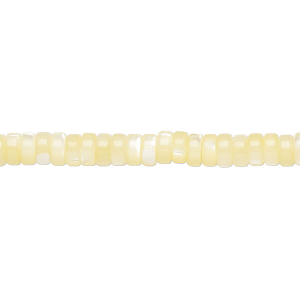 Bead, mother-of-pearl shell (dyed), yellow, 5x2mm heishi, Mohs hardness 3-1/2. Sold per 15-1/2 to 16-inch strand. image number 0