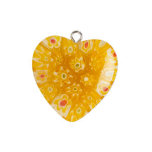 Component 1pkg1, silver-finished steel / millefiori glass, translucent multicolored, 24-25mm puffed heart.