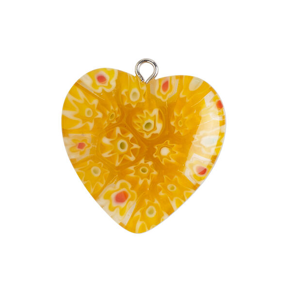 Component 1pkg1, silver-finished steel / millefiori glass, translucent multicolored, 24-25mm puffed heart. image number 0