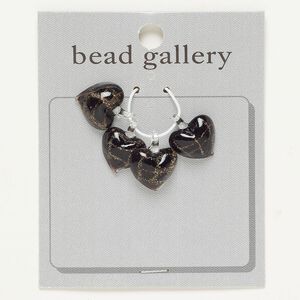 Drop lampworked glass 4pk 18x13mm-18x14mm puffed flat back heart, opaque black copper-colored glitter clear