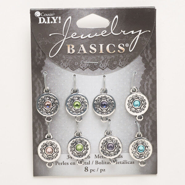 Link assortment, brass and glass, pkg/8, antique silver finish and multicolored, 13mm fancy round. image number 0