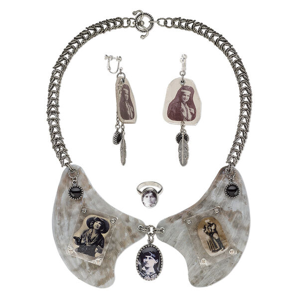 Necklace / earring / ring set, One of a Kind Jewelry, antiqued sterling silver / steel / brass, black, 16 inches with fishhook ear wire, size 7 ring. Only one available. image number 0