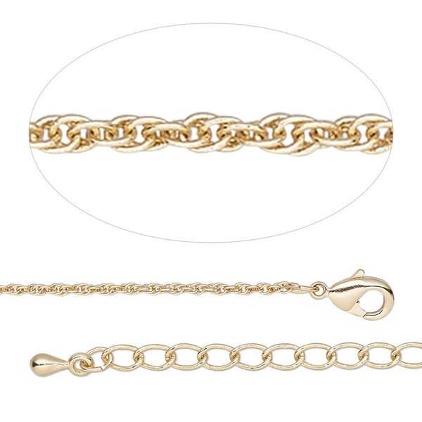 Chain, gold-finished brass, 1.2mm triple rope, 18 inches with 2-inch extender chain and lobster claw clasp. Sold individually. image number 0