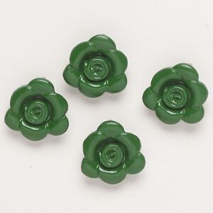 Charm, "pewter" (zinc-based alloy) and enamel, dark green, 13-14mm flower with hidden loop. Sold per pkg of 4.