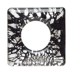 Focal, lampworked glass, clear and opaque black, 34-35mm square go-go with silver-colored foil. Sold individually.