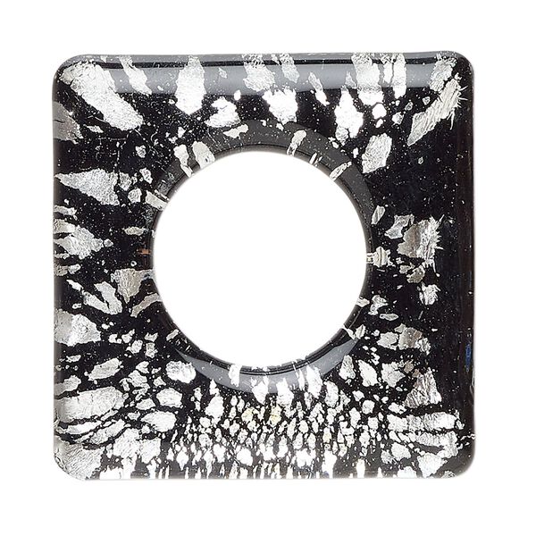 Focal, lampworked glass, clear and opaque black, 34-35mm square go-go with silver-colored foil. Sold individually. image number 0