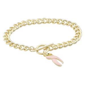 Bracelet, enamel with gold-finished steel and "pewter" (zinc-based alloy), pink, 22x12mm awareness ribbon, 7 inches with toggle clasp. Sold individually.