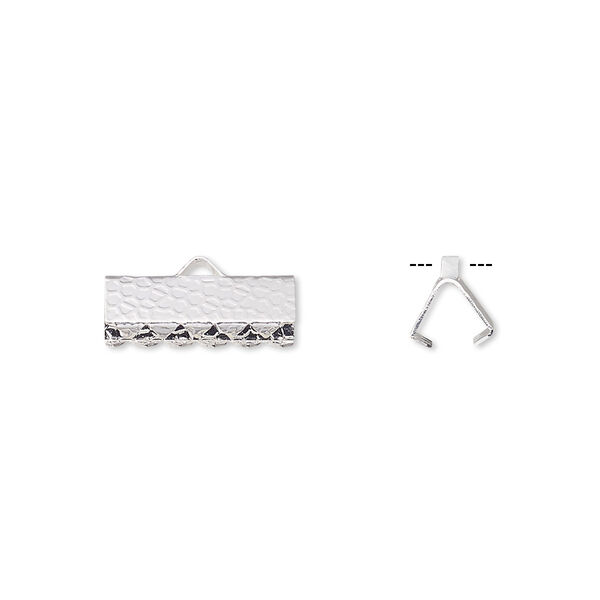 Ribbon crimp end, silver-plated brass, 14x5mm hammered rectangle. Sold per pkg of 10. image number 0