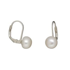 Earring, cultured freshwater pearl (bleached) and sterling silver, white, 20mm with 8mm button and leverback ear wire, 20x8mm overall. Sold per pair.