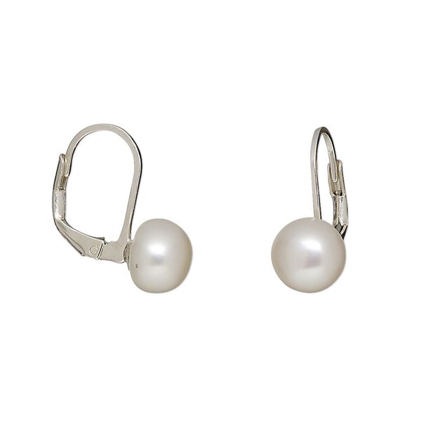Earring, cultured freshwater pearl (bleached) and sterling silver, white, 20mm with 8mm button and leverback ear wire, 20x8mm overall. Sold per pair. image number 0