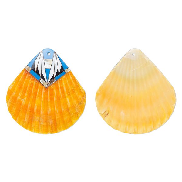 Focal, sea scallop shell / multi-shell / resin (dyed/assembled), orange / medium blue / multicolored, 53x50mm, Mohs hardness 3-1/2. Sold individually. image number 0