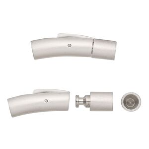 Clasp bullet 1pkg1, 30x7mm curved round tube / push release / fits 5mm cord, matte stainless steel 1-strand