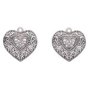 Charm, antique silver-finished "pewter" (zinc-based alloy), 23x21mm fancy heart. Sold per pkg of 2.