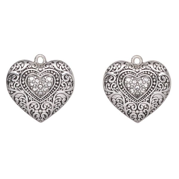 Charm, antique silver-finished "pewter" (zinc-based alloy), 23x21mm fancy heart. Sold per pkg of 2. image number 0