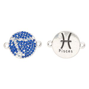 Link, "pewter" (zinc-based alloy)/enamel/cubic zirconia, pkg/1, antique silver finish and mixed colors, 20mm round 2-sided with "Pieces" and  zodiac symbol.