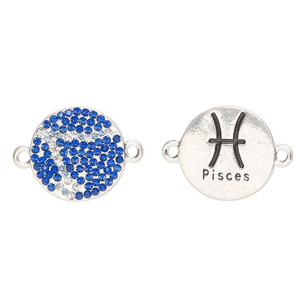 Link, "pewter" (zinc-based alloy)/enamel/cubic zirconia, pkg/1, antique silver finish and mixed colors, 20mm round 2-sided with "Pieces" and  zodiac symbol. image number 0