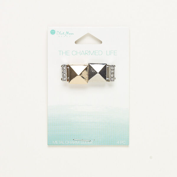 Slide mix, glass / copper- / silver-finished "pewter" (zinc-based alloy), clear, single- and double-drilled (2) 13x4mm rondelle and (2) 14mm pointed rectangle with 10mm hole. Sold per pkg of 4. image number 0