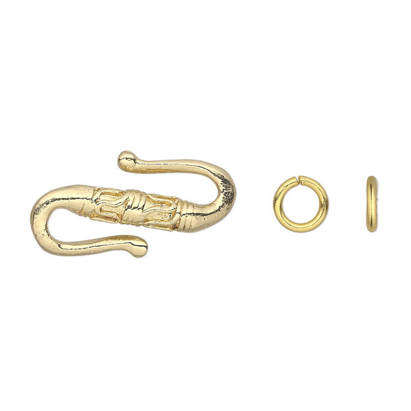Clasp, S-hook, gold-finished "pewter" (zinc-based alloy), 22x11mm double-sided Bali style with (2) 6mm jump rings. Sold per pkg of 12. image number 0