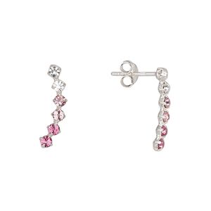 Earstud, Create Compliments®, sterling silver and glass rhinestone, clear / pink / dark pink, 17x5mm left- and right-facing curve. Sold per pair.