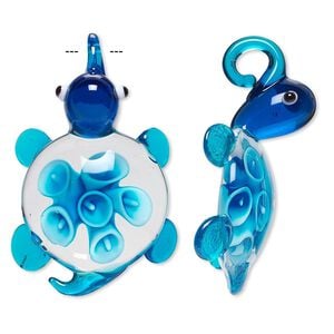Pendant, lampworked glass, aqua / white / black, 50x32mm single-sided turtle with flower. Sold individually.