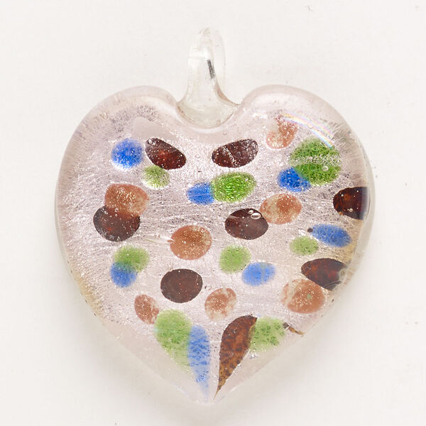 Focal, lampworked glass, pkg/1, opaque multicolored with silver-colored foil, 33x31mm-36x33mm puffed heart with dots. image number 0