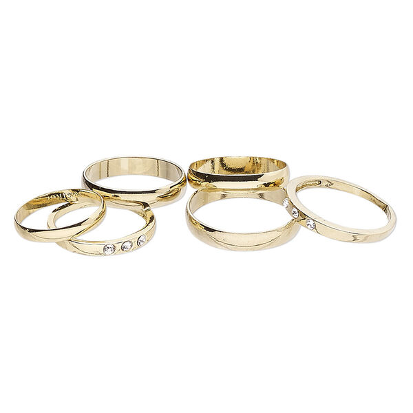 Ring mix, glass rhinestone and gold-finished brass, clear, 3mm and 4mm wide, size 5 to 12-1/2. Sold per pkg of 6. image number 0