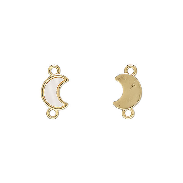 Link 1pkg2 brass / mother-of-pearl shell, 9x7mm moon, bleached gold finish / white image number 0