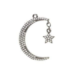Charm, cubic zirconia and black-finished brass, clear, 25x21mm single-sided moon with star. Sold individually.