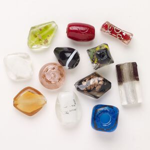 Bead mix, lampworked glass, opaque and translucent multicolored with silver-colored foil and copper-colored glitter, 22x11mm-36x34mm mixed shapes. Sold per 4-ounce pkg, approximately 10 beads.