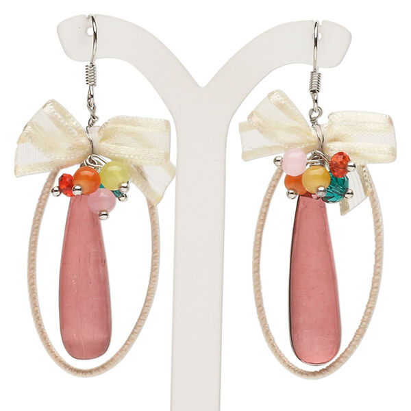 Earring, acrylic / glass / organza ribbon / silver-finished steel, multicolored, open oval / round / teardrop, 2-1/2 inches with fishhook ear wire. Sold per pair. image number 0