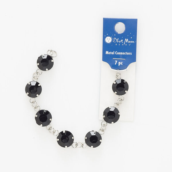 Bracelet component, acrylic / steel / silver-finished "pewter" (zinc-based alloy), black, 12mm round, 6 inches. Sold individually. image number 0