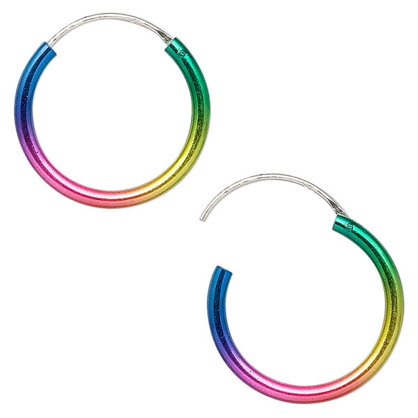 Earring, sterling silver, color-coated rainbow, 20mm round with endless-loop closure. Sold per pair. image number 0