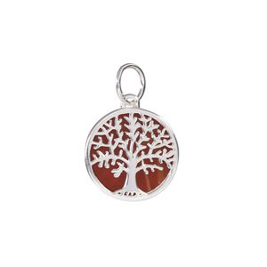 Charm, sterling silver and resin, orange, 15mm single-sided tree of life. Sold individually.