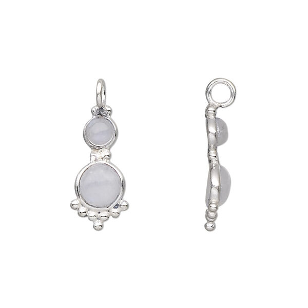 Drop, sterling silver and rainbow moonstone (natural), 21.5x8mm with 4mm and 5mm round cabochons. Sold individually. image number 0
