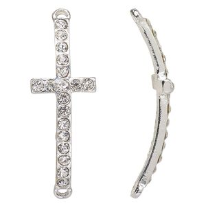 Focal, Czech glass rhinestone and silver-finished "pewter" (zinc-based alloy), clear, 43x16mm single-sided curved cross with 3mm faceted round. Sold per pkg of 2.