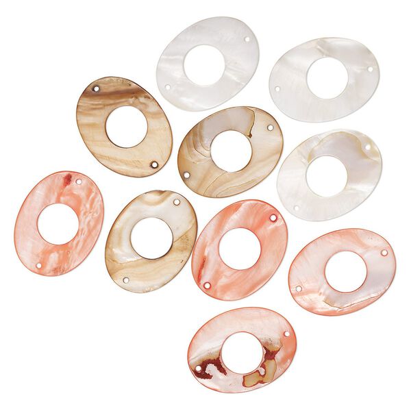 Focal mix, mother-of-pearl shell (dyed), red / white / brown, 50x38mm oval with cutout round, Mohs hardness 3-1/2. Sold per pkg of 10. image number 0