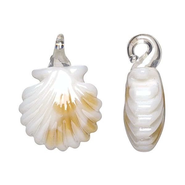 Pendant, lampworked glass, opaque brown luster and white, 27x19mm double-sided seashell with dots. Sold per pkg of 2. image number 0