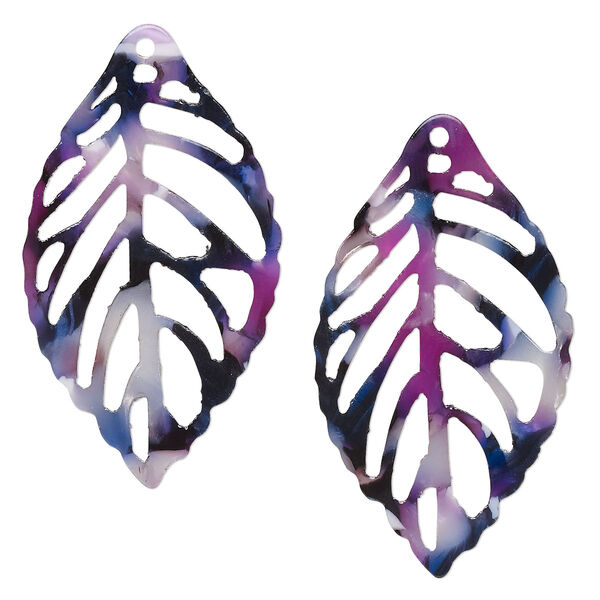 Focal, resin, purple / dark purple / white, 39x22mm leaf with cutouts. Sold per pkg of 4. image number 0