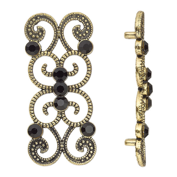 Spacer, antiqued gold-finished "pewter" (zinc-based alloy) and Czech glass rhinestone, black, 37x16mm 2-strand fancy rectangle. Sold per pkg of 4. image number 0