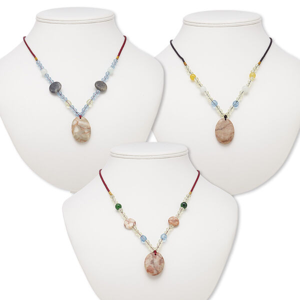 Component mix, redline marble / multi-gemstone (natural / dyed) / nylon / acrylic / glass, multicolored, 30x23mm-33x24mm oval, 20-inch continuous loop. Sold per pkg of 3. image number 0
