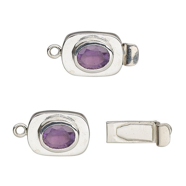 Clasp tab 1pkg1 sterling silver / amethyst (natural), 13x10mm oval / 8x6mm faceted, 1-strand image number 0