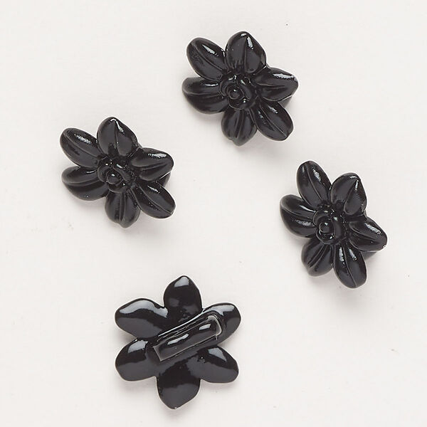 Spacer bar, "pewter" (zinc-based alloy) and enamel, black, 14x12mm 2-strand flower, fits up to 4mm beads. Sold per pkg of 4. image number 0