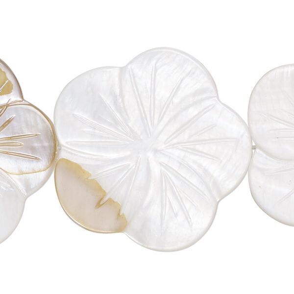 Bead, mother-of-pearl shell (natural / bleached), 27x26mm-31x30mm carved flower with 0.6-0.8mm hole, Mohs hardness 3-1/2. Sold per 15-inch strand. image number 0