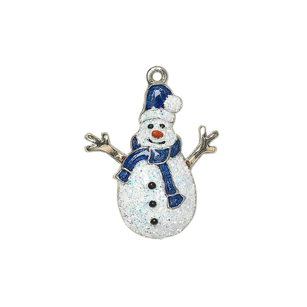 Charm, enamel with silver-plated and gold-finished "pewter" (zinc-based alloy), multicolored with glitter, 22.5x19mm single-sided snowman. Sold individually. image number 0