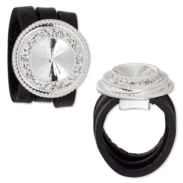 Ring, Almost Instant Jewelry®, leather (dyed) / crystals / silver-plated "pewter" (zinc-based alloy), black and crystal clear, 22mm wide with beaded rim and 12mm rivoli setting, size 8. Sold individually. image number 0