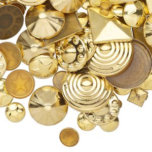 Rhinestud mix, gold-finished brass, 5-15mm hotfix domed mixed shapes. Sold per 50-gram pkg.