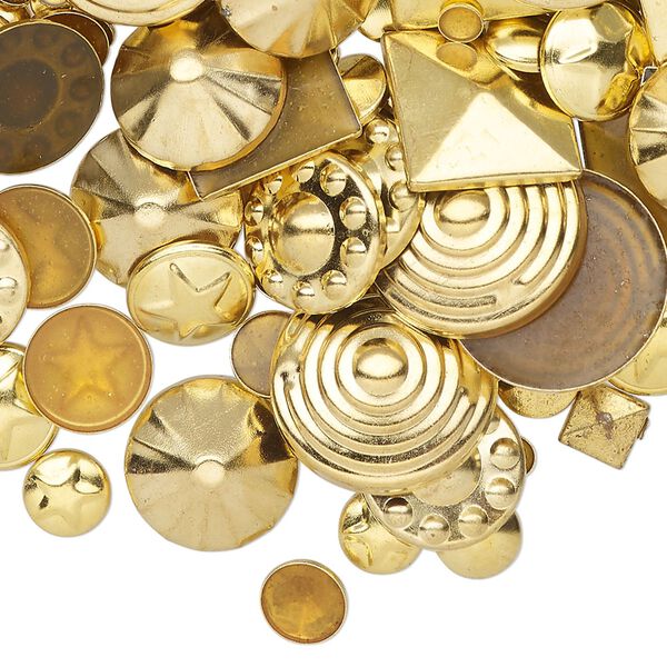 Rhinestud mix, gold-finished brass, 5-15mm hotfix domed mixed shapes. Sold per 50-gram pkg. image number 0