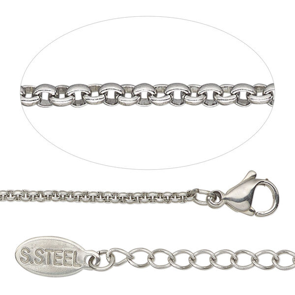 Chain, stainless steel, 2mm rolo, 18 inches with 2-inch extender chain and lobster claw clasp. Sold individually. image number 0