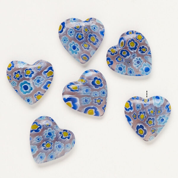 Bead, millefiori glass, translucent purple / blue / multicolored, 17-20mm half-drilled puffed heart. Sold per pkg of 6. image number 0