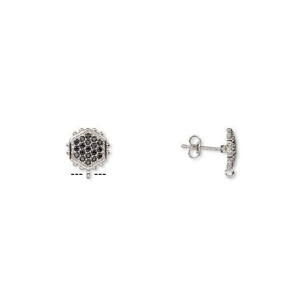 Earstud, black spinel (natural) and sterling silver, 12x11mm beaded hexagon with open loop. Sold per pair. image number 0
